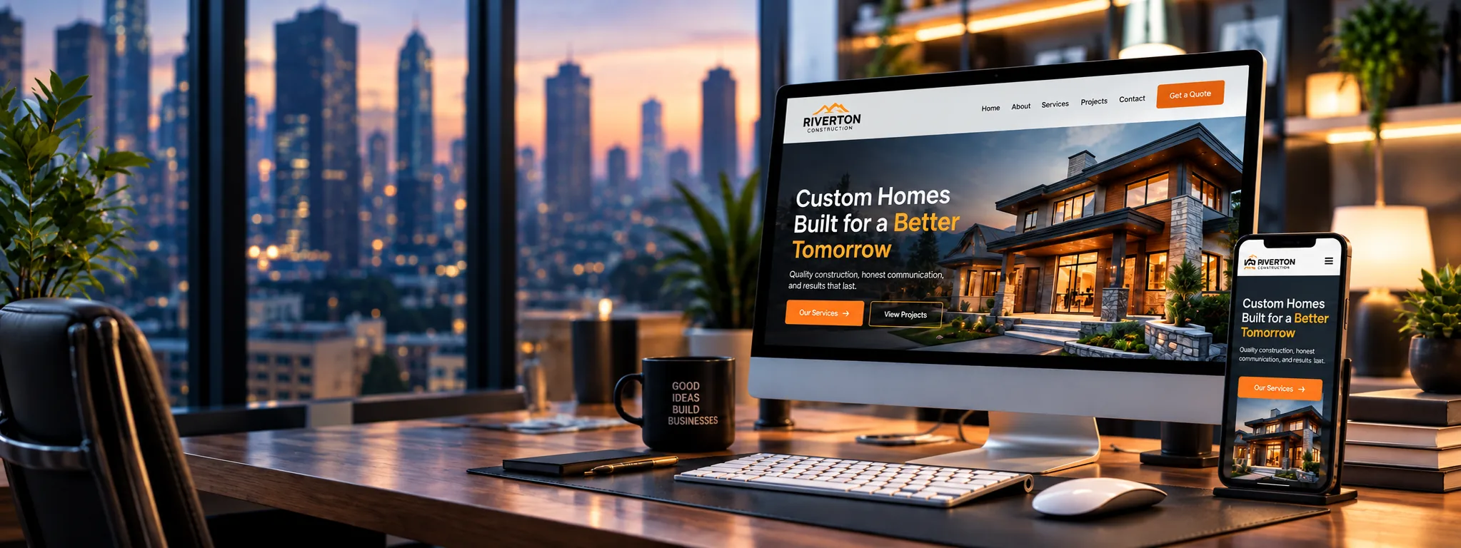Responsive business website shown on desktop and mobile