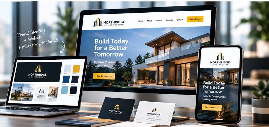 Example brand identity applied to a website, business cards and color palette