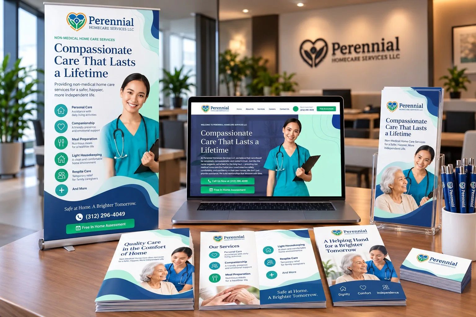 Home care marketing package featuring a professional website, retractable banner, brochures, flyers, business cards and branded pens